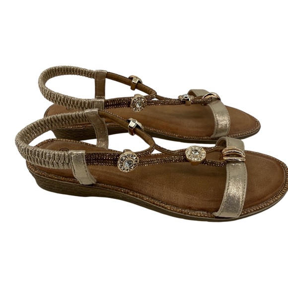 Patrizia Charmer Wedge Sandal with Crystal & Gold Shimmer Ankle Strap Size 10 - Picture 4 of 15